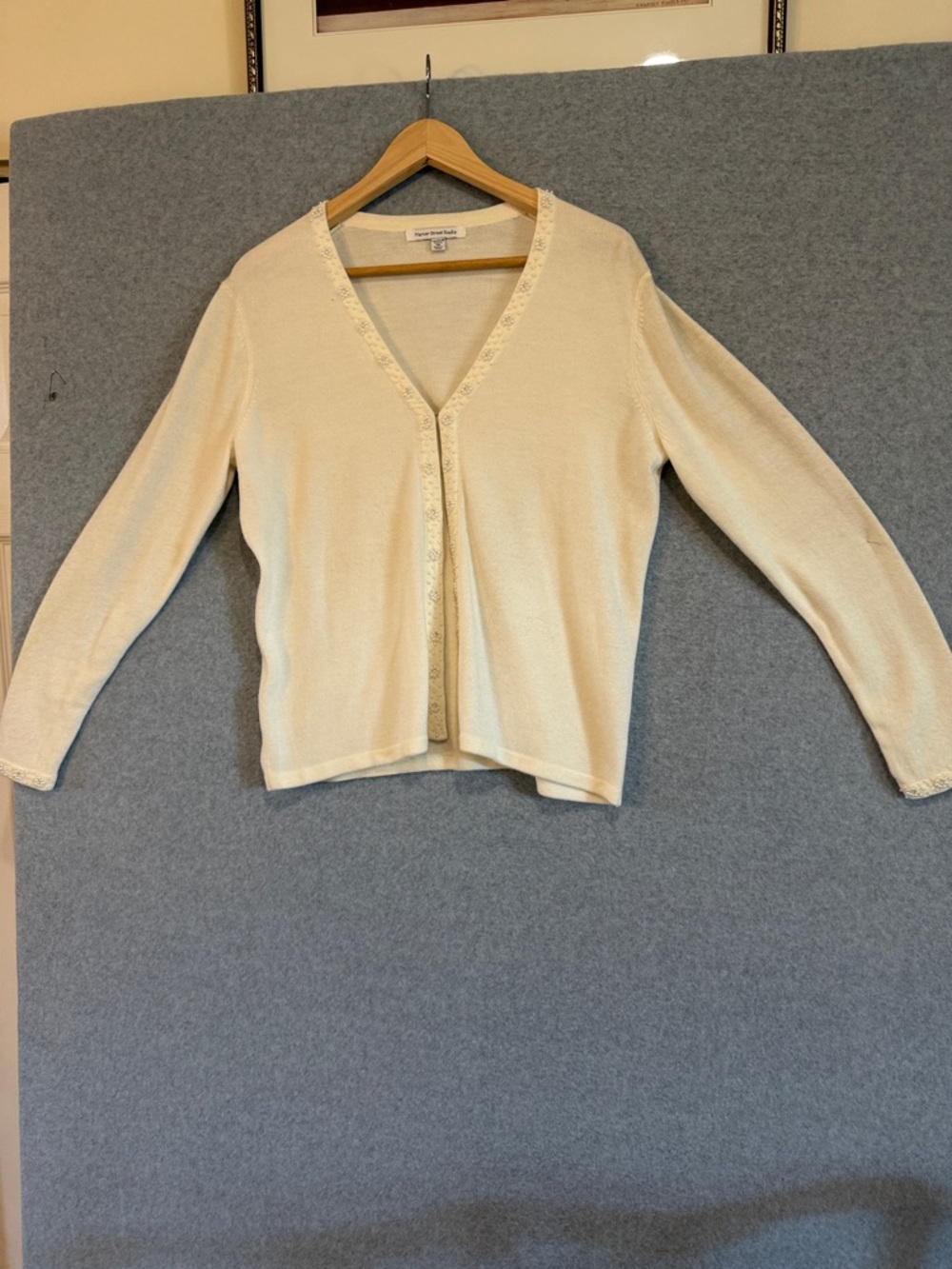 Mercer Street Studio Cream V-Neck Cardigan with Pearl Trim